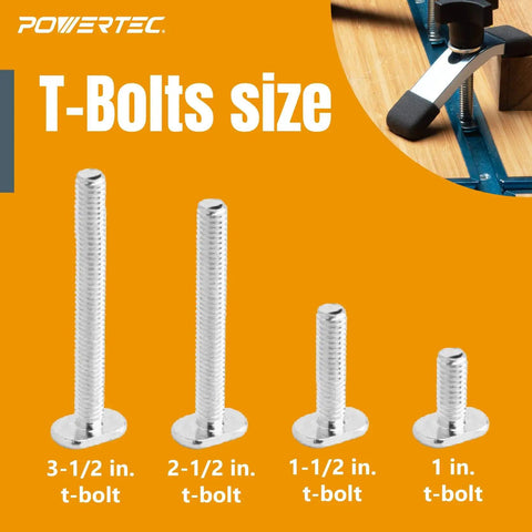 Various sizes of T-bolts for Go-To T Track Knob Kit With Threaded Knobs And 5/16-18 T Track Bolts, 16 Piece Set For Woodworking Jigs And Fixtures