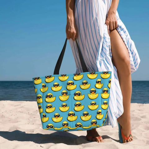 Sandproof Beach Tote For Women With Sunglasses Print Waterproof Travel Bag With Zipper And Reinforced Straps on sandy beach