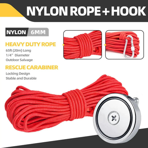 60 Mm Fishing Magnet Kit 500 Lb Neodymium Heavy Duty Retriever With 65 Ft Rope showing red nylon rope and magnet