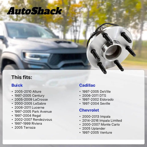 Front Wheel Hub Bearing Assemblies with ABS Sensor Pair (2) Replacement shown with compatibility list for Buick, Cadillac, Chevrolet.