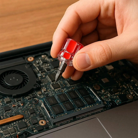 Using the 450 Piece Eyewear Repair Kit With Tiny Screws And Screwdriver for electronics repair, showcasing precision tool.