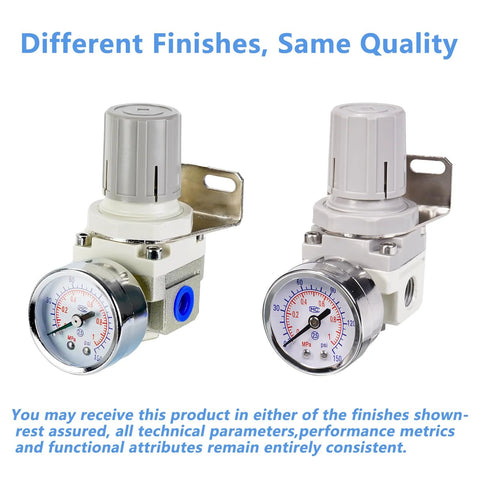 EcuoPix air pressure regulator with 1/4" port, 0-150 PSI gauge, mounting bracket; two units shown