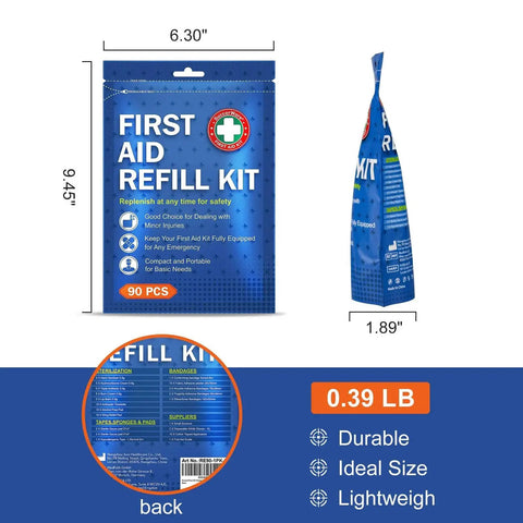 Front and side view of SuccorWare 90 Piece First Aid Refill Kit For Home Travel And Hiking, includes dimensions and key features on blue packaging.
