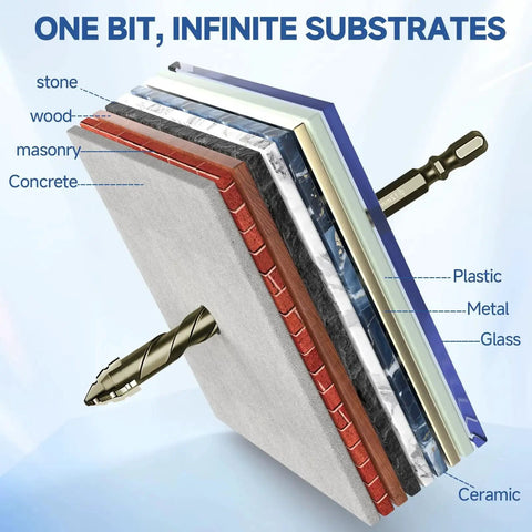 Five Piece Pro Grade Four Flute Eccentric Drill Bit Set For Tile Glass Ceramic Brick Metal Plastic Wood And Concrete with layers