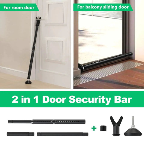 Security Bar And Sliding Glass Door Lock Adjustable Door Jammer With Interchangeable Caps And Rubber Tips shown for door and sliding door