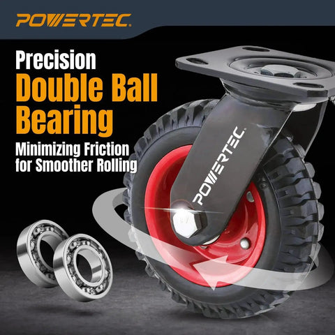 Close-up of 8 Inch Caster Wheels Set Of 4 With 2 Swivel And 2 Fixed Heavy Duty Casters, rubber knobby tread on red hub with bearings.