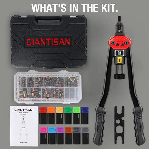 Rivet Nut Tool Kit 16 Inch With Toolless Head Change Includes 12 Metric And SAE Mandrels And 176 Piece Rivet Nut Assortment