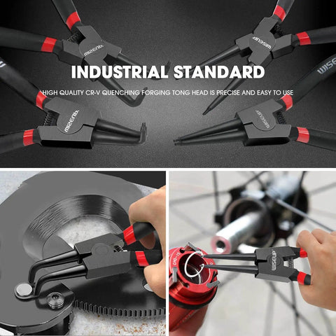 Beefy 9 Inch Snap Ring Pliers Set Heavy Duty 4 Pieces Internal External Circlip Pliers Kit shown in use on machinery parts.
