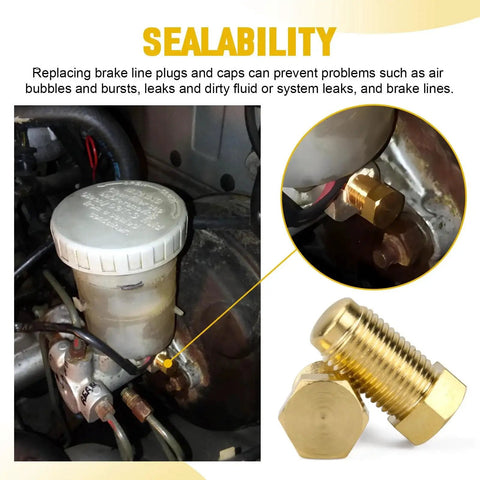 Brass brake line plug, 1/8 NPT male, hex head; for M10x1 brake ports; pack of 2
Brass brake line plug, 1/8 NPT male, hex head; side view showing threads; pack of 2
Close-up: brass 1/8 NPT brake line plug with hex head and threading
Installed brass brake line plug in a brake port; 1/8 NPT male, hex head; pack of 2