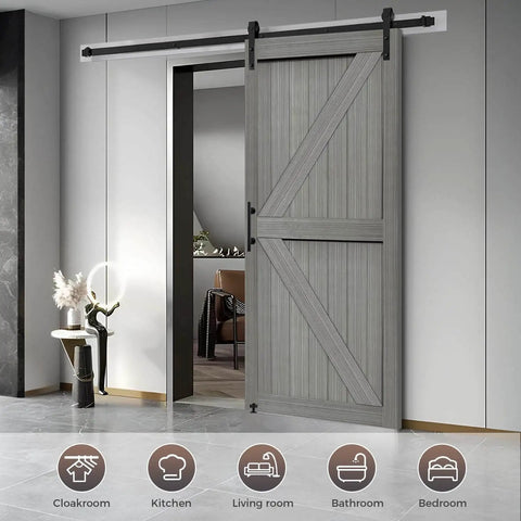 Elephant Gray Barn Door 36 Inch By 84 Inch MDF Solid Slab With Waterproof PVC Surface Includes 6.6 Foot Sliding Hardware Kit Installed