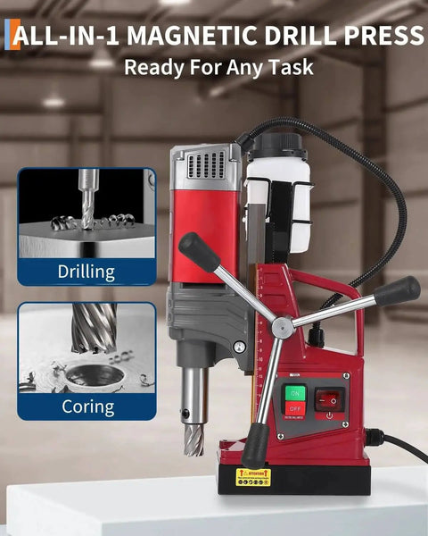 Portable Magnetic Drill Press With Adapter 1450W 820RPM for Metalwork, featuring double dovetail guide for precision holes.
