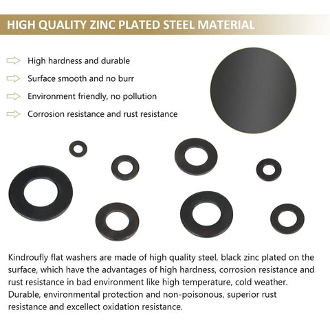 Heavy Duty Black Zinc Plated Steel Flat Washers Set With Fender Washers And Lock Washers 800 Pieces In Seven Sizes M3 M4 M5 M6 M8 M10 M12 Kindroufly Assortment Kit For Hardware Projects showing zinc plated steel material benefits