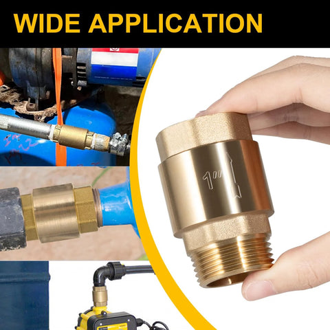 One-way brass check valve, 1" NPT male in, 1" FNPT out; heavy-duty backflow preventer for well pumps and irrigation systems.
