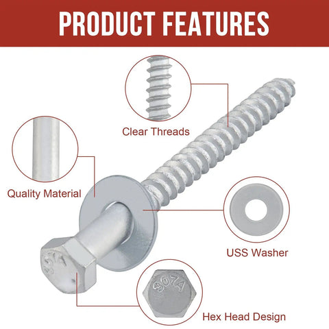 Heavy Duty Three Eighths Inch by Three Inch Lag Bolts Set with 50 Lag Screws and 50 USS Washers, showing hex head and threads