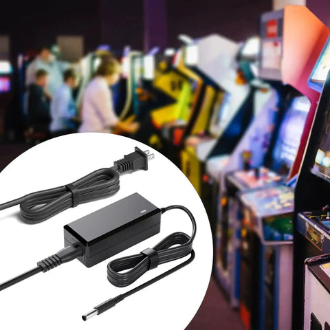Replacement 12V Power Supply For Arcade Game Machines And All Riser Cocktail Tables Including CounterCade Pac Man Series BI36 120300 U2 Compatible Plug And Play Adapter For Arcade1Up Units displayed with arcade game background
