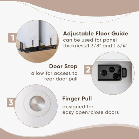 Aluminum Bypass Sliding Closet Door Hardware Set For Two Panels With Finger Pull 60 Inch Track Smooth Quiet Operation Fits Doors 1 3 Eighths Inch Or 1 3 Quarters Inch Thick Supports Up To 150 Lbs Per Panel Easy To Install showing adjustable floor guide, door stop, and finger pull.