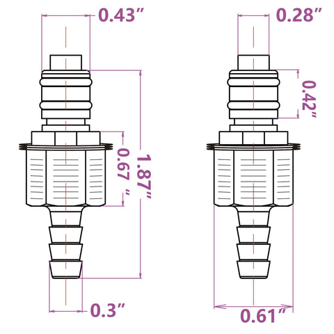 IRONSTAR plastic quick-disconnect hose barb insert shown in front and side views; 2 female and 2 male connectors, 1/4 in ID