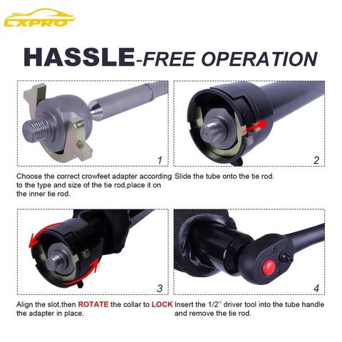 Inner Tie Rod Removal Tool Kit With 12 Crowfoot Adapters Half Inch Drive in use, showing step-by-step installation process