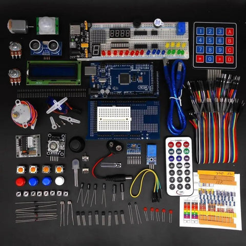 Ultimate STEM Electronics Starter Kit with Mega 2560 Board, LCD1602 display, sensors, breadboard, jumper wires, and fan motor