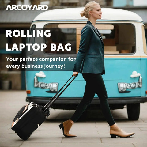 Woman pulling Arcoyard beige brown rolling laptop bag with waterproof pocket, ideal for business travel, 16 inch case, smooth wheels