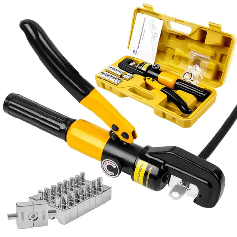 10 Ton Hydraulic Crimping Tool Kit With 9 Dies For 12 AWG To 2/0 Battery Cables Easy To Operate Crimper displayed with case and dies