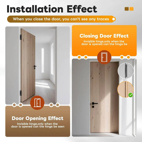 Installed Invisible Cabinet Hinge Set For Clean Minimal Doors No Drama With 180 Degree Hidden Hinges And Quiet Close Concealed Hardware Black 0.63 To 2.76 Inches 4 Pack DIY Friendly Supports Up To 33 Lbs Mdkave showing door closing and opening effects