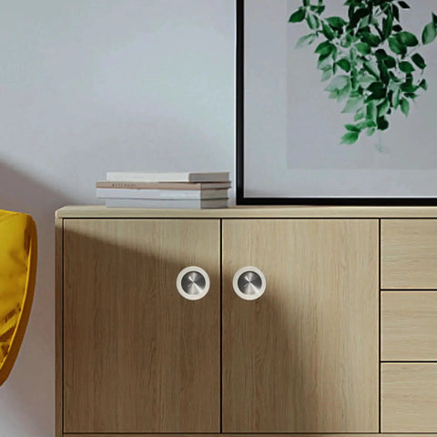 Recessed Pocket Door Pull Handles 2 3 4 Inch Round Finger Flush Pulls Brushed 304 Stainless Steel installed on cabinet doors.