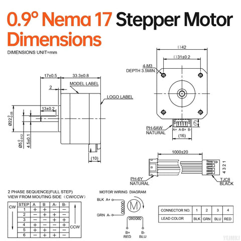 Technical diagram of High Torque Nema 17 Stepper Motor 0.9 Degree 2 Phase Bipolar 1.2A 1.7 Ohm 0.16 Nm for DIY projects.