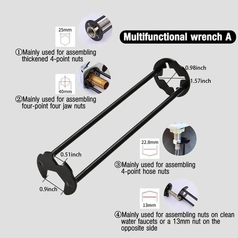 Diagram of a multifunctional wrench with dimensions used for assembling faucet nuts, featuring a two-pack basin wrench set for tight spaces.