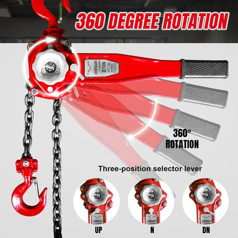 Manual Lever Chain Hoist 3 Ton Capacity G80 Grade Steel And Double Pawl Brake with 360-degree rotation feature.
