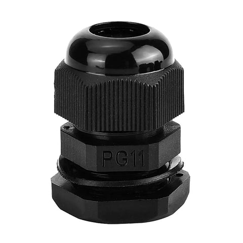 Plastic Waterproof Adjustable Cable Glands And Joints Set for PG11, black, suitable for 3.5 to 13mm cable range.