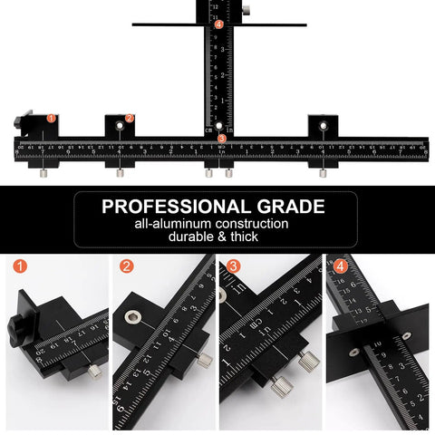 Pro Grade Cabinet Hardware Jig Tool, Adjustable Drill Template For Handles And Pulls On Drawers And Doors, All Aluminum Alloy Construction With Center Punch And Carrying Bag, Precise Machining, Heavy Duty. Image shows a detailed view of the adjustable drill template with precision markings.
