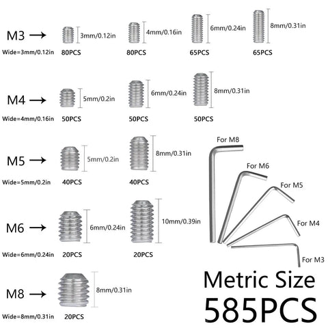 Metric size Complete Set Screw Kit 1000 Piece Cup Point Grub Screws With Internal Hex Drive Stainless Steel 304 and hex wrenches