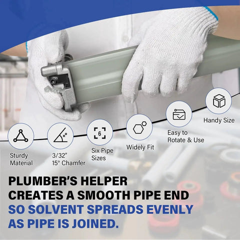 Deburring Tool For Plastic Pipe And PVC Reamer With Sharp Blade For Fast Chamfering On Six Pipe Sizes held by gloved hands