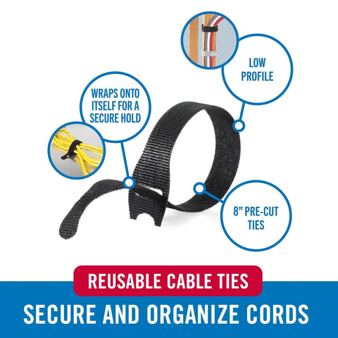 Self Fastening Cable Ties 100 Pack 8 By 0.5 Inch Black Thin Pre Cut Wire Management Straps packaging with highlighted features