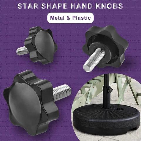 Six Pack M6 30mm Thread Star Knobs Hex Clamping Handles For Umbrella Base in metal and plastic, shown with umbrella base