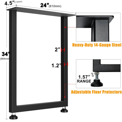 Heavy Duty 14 Gauge Steel Counter Height Table Legs with dimensions and adjustable floor protectors, ideal for kitchen islands.