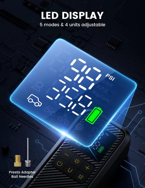 Close-up of digital gauge LED display on Fast Tire Inflator Portable Air Pump With Digital Gauge And LED Light 150 PSI Electric Tire Pump.