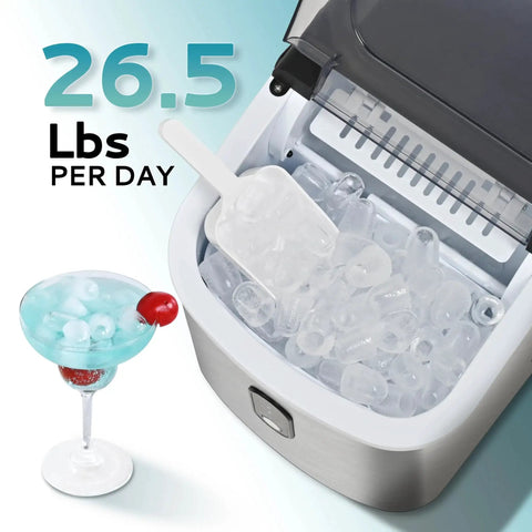 Portable Countertop Ice Maker With Carry Handle 9 Cubes In 6 Minutes Auto Clean making ice beside a cocktail glass