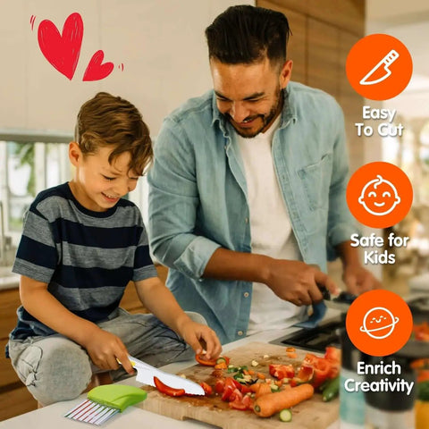 Father and son using a Kid Friendly Toddler Knife Set For Real Cooking With Kidz Safe Blades, cutting veggies on a kitchen counter.