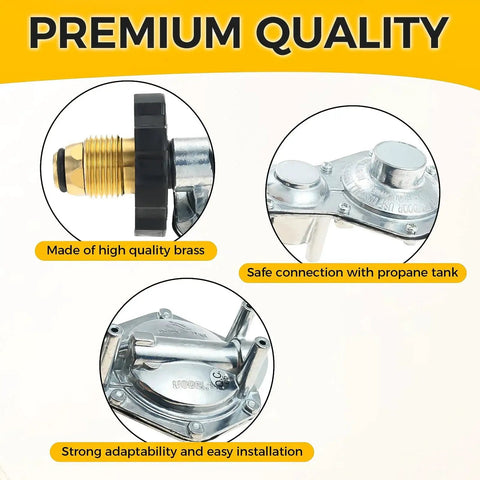 Close-up of Two Stage Propane Regulator With Three Eighth Inch Female NPT And POL Connector for 100lb tanks, premium quality.
