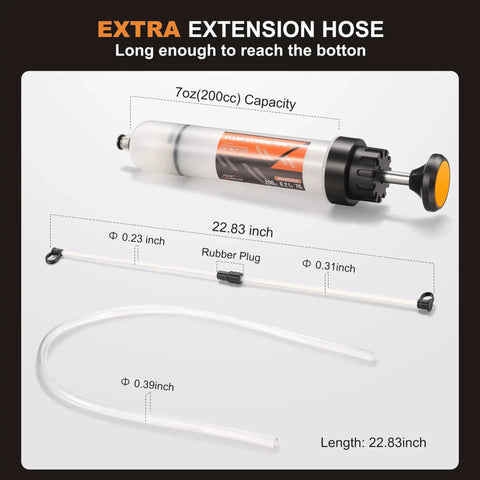 200cc Fluid Extractor And Fill Pump For Automotive Use With 23 Inch Reach Hose, showing pump and extended hose details