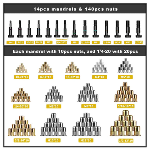 Rivet Nut Tool Kit With 140 Rivet Nuts And 14 Mandrels Metric And SAE, mandrels and nuts display, various sizes labeled