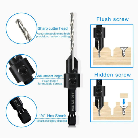 All In One Countersink Drill Bit Set For Woodworking With Depth Adjustable 82 Degree Chamfer 3 In 1 Counterbore Bits For Size 6 8 10 12 16 Screws One Quarter Inch Hex Shank M2 HSS Pilot Bits And 2 Allen Wrenches, showing drill bit details and uses
