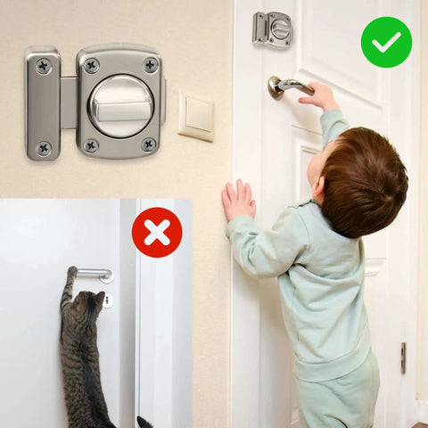 Child-safe installation of gate latch and sliding bolt lock for cabinets sheds and storage boxes, double sided rotating gate hardware.