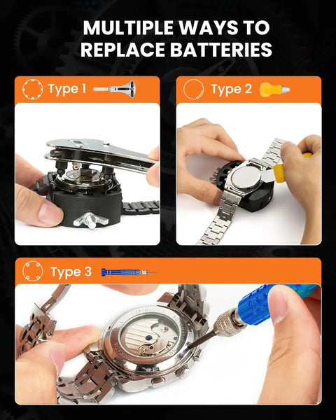 Pro 154 Piece Watch Repair Kit With Link Remover Battery Replacement Tool demonstrating battery replacement methods.