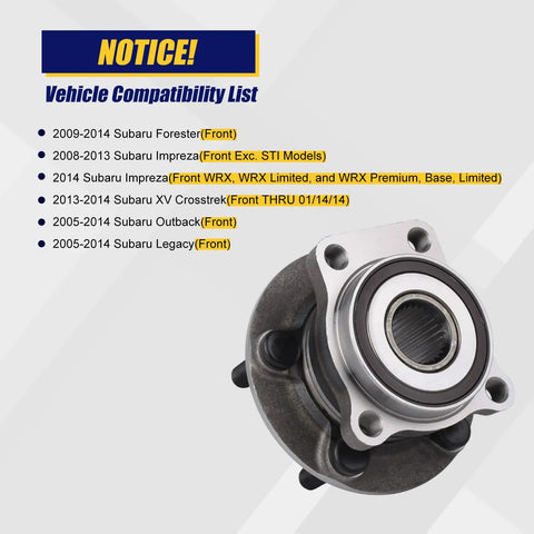 Plug And Play Front Wheel Bearing And Hub Assembly For Subaru Forester 2008 2014 Impreza 2008 2013 XV Crosstrek 2013 2014 Outback Legacy 2005 2014 5 Lug ABS Front Wheel Hub Replacement OE Grade Durable And Easy Install shown with vehicle compatibility list.