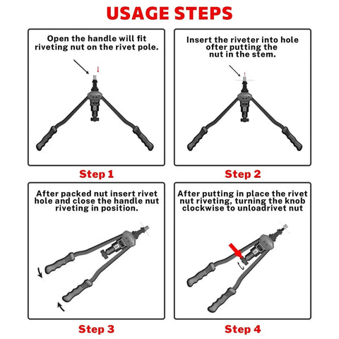 Usage steps for Pro Grade 16 Inch Lever Style Rivet Nut Tool Kit With Visual Stroke Indicator Includes 15 Mandrels.