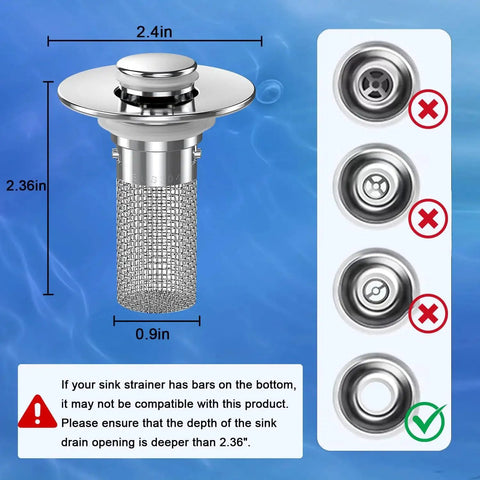 Two Pack Pop Up Sink Drain Hair Catcher With Removable Stainless Strainer Basket, dimensions and compatibility diagram shown.
