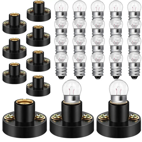 30 Piece E10 Mini Bulbs With Black Plastic Socket Holder For DIY Projects And Student Experiments, Warm White Light